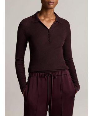 Vince Ribbed Italian Wool-Silk Polo Jumper - Red