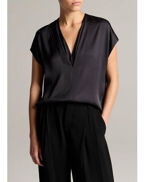 Vince Silk-Blend Double V-Neck Top - Black