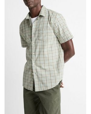 Vince Polson Plaid Short Sleeve Cotton Button-Up Shirt - Grey