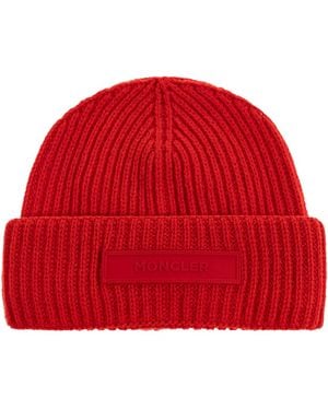 Moncler Wool Beanie With Logo Patch - Red