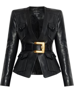 Balmain Leather Jacket With Belt - Black