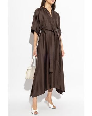 Ferragamo Silk Dress With A Belt - Brown