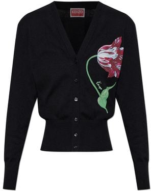 KENZO Cardigan With Floral Motif - Black