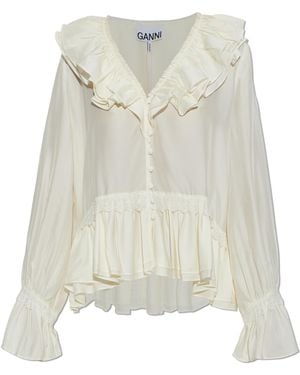 Ganni Satin Top With Ruffles - White