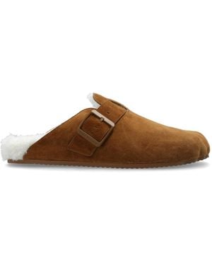 Balenciaga Suede Rectangular Buckle Fur-Lined Slides - Brown