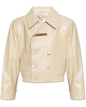 Marni Leather Jacket With Embroidered Logo - Natural