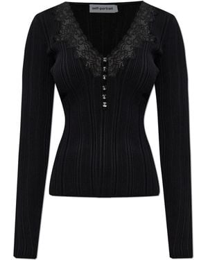 Self-Portrait Ribbed Top With Shiny Buttons - Black