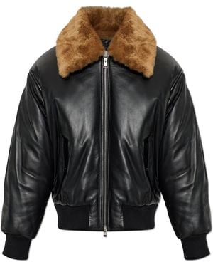 Ami Paris Leather Jacket With Fur Collar - Black