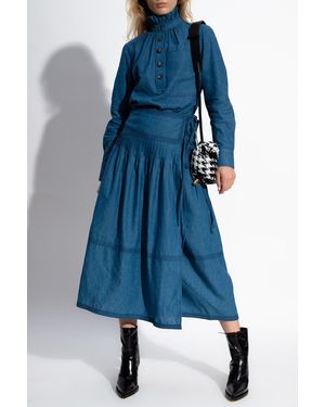 Tory Burch Chambray Ruffle Neck Blouse - Blue