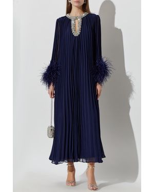 Self-Portrait Pleated Dress With Shimmering Crystals - Blue