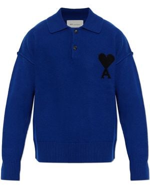 Ami Paris Wool Long-Sleeve Polo - Blue