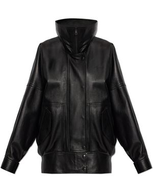 Balenciaga Leather Jacket With A Wide Collar - Black