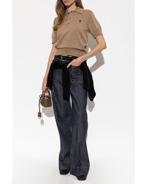 Ami Paris Wool Polo Shirt With Logo - Natural