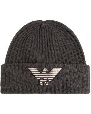 Emporio Armani Wool Beanie With Embroidered Logo - Black