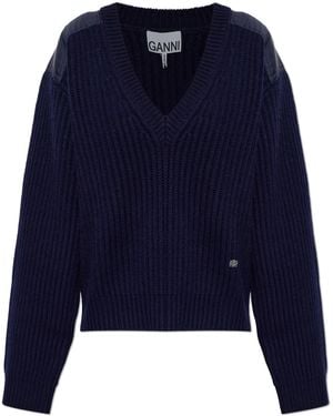 Ganni Wool V-Neck Sweater - Blue