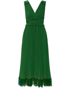 Self-Portrait Pleated Dress With Lace Trim - Green