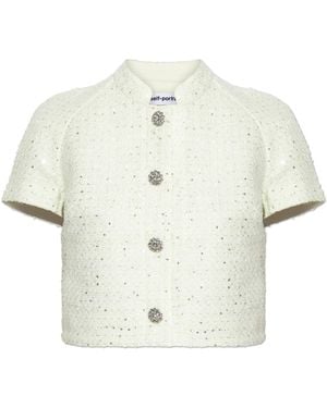 Self-Portrait Tweed Cardigan With Shimmering Sequins - White