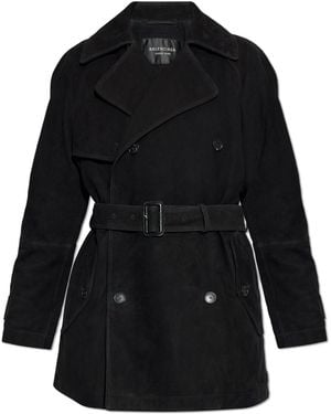 Balenciaga Suede Trench Coat With Belt - Black