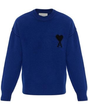 Ami Paris Wool Jumper With Logo - Blue