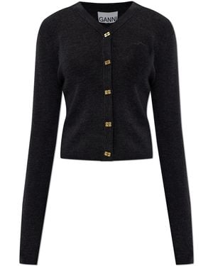 Ganni Wool Cardigan With Embroidered Logo - Black
