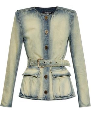 Balmain Denim Blazer With Belt - Green