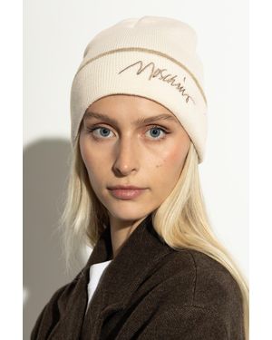 Moschino Wool Beanie With Logo, - Natural
