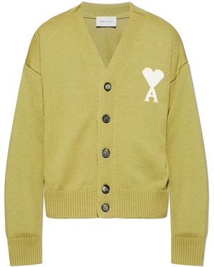 Ami Paris Cardigan With Logo - Yellow