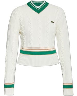 Lacoste Cable Knit Wool V-Neck Jumper - Green