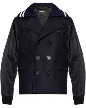 DSquared² Short Double-Breasted Coat Made Of Combined Materials - Blue