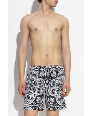 Dolce & Gabbana Swim Shorts With "Majolica" Print - Blue