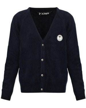 Palm Angels Wool Cardigan With Sewn-On Logo - Blue
