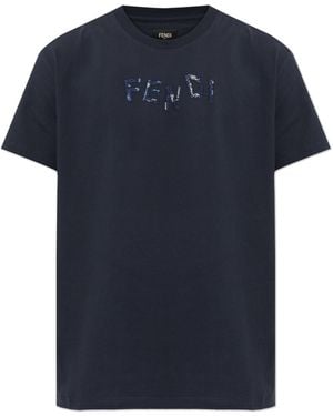 Fendi T-Shirt With Embroidered Logo - Blue