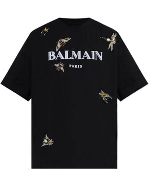 Balmain T-Shirt With Logo And Shimmering Appliqués - Black