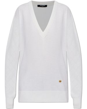 Balmain Wool Jumper With V-Neck - White