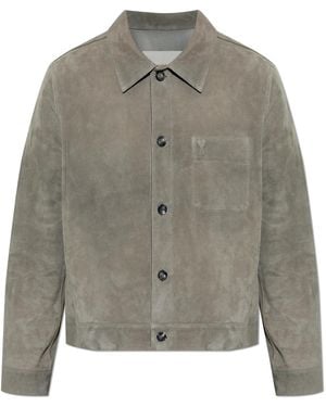Ami Paris Suede Jacket With Embossed Logo - Grey