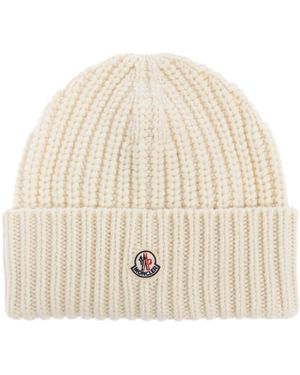 Moncler Wool Beanie With Logo Patch - Natural