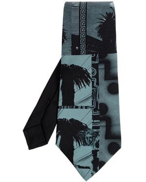 Versace Silk Tie With 'Sunset Palms' Print - Blue