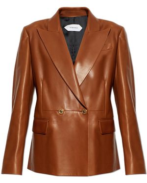 Versace Leather Coat With Single Vent - Brown