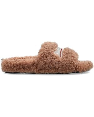 Balenciaga Furry Slides With A Glossy Logo - Brown