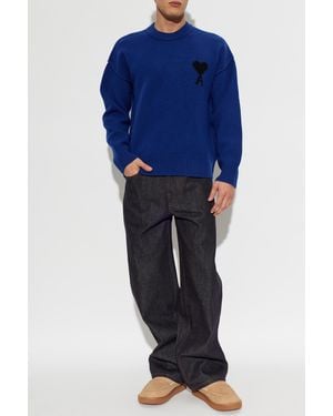 Ami Paris Wool Sweater With Logo - Blue