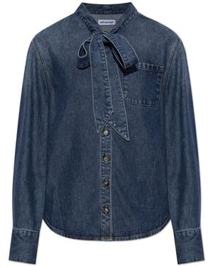 Self-Portrait Denim Shirt With A Tie Neckline - Blue