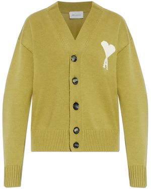 Ami Paris Cardigan With Logo - Yellow