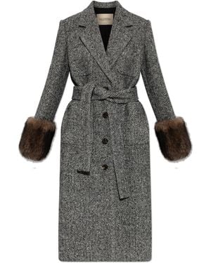 Valentino Garavani Wool Coat With A Herringbone Pattern - Black