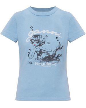 Ganni T-Shirt With Print - Blue