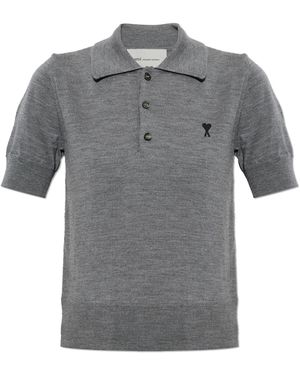 Ami Paris Wool Polo Shirt With Embroidered Logo - Grey