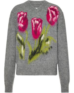 Maison Margiela Wool Jumper With Floral Motif - Grey