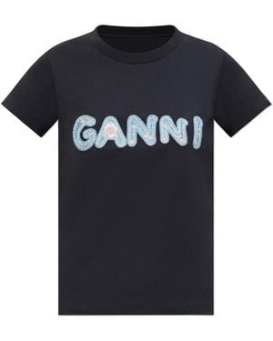 Ganni T-Shirt With Embroidered Logo - Black