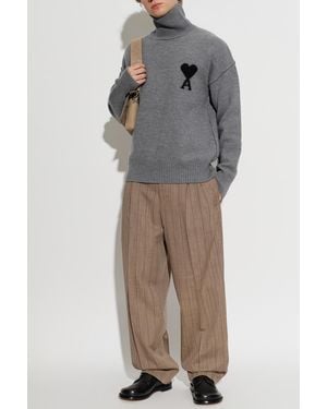 Ami Paris Wool Turtleneck With Logo - Gray