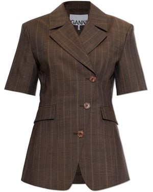Ganni Wool Blazer With Short Sleeves - Brown