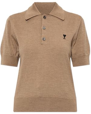 Ami Paris Wool Polo Shirt With Logo - Natural